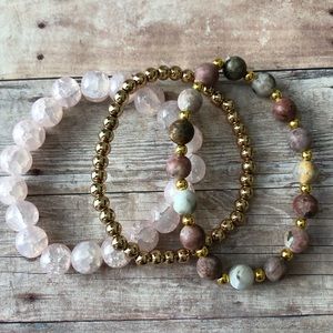 NWT Rose quartz & gold handmade bracelet stack